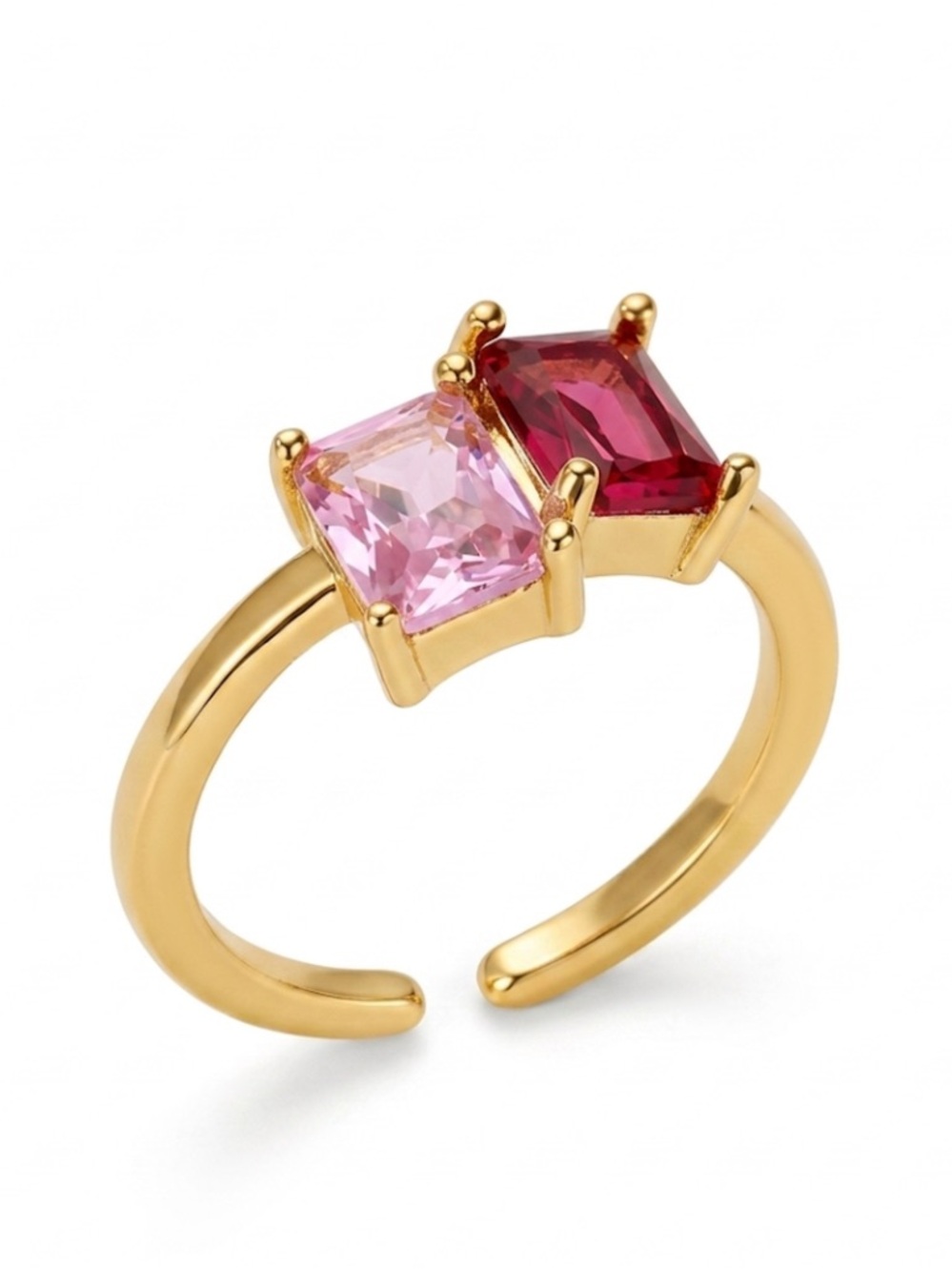 Double Emerald Cut Pink CZ Adjustable Ring Stainless Steel